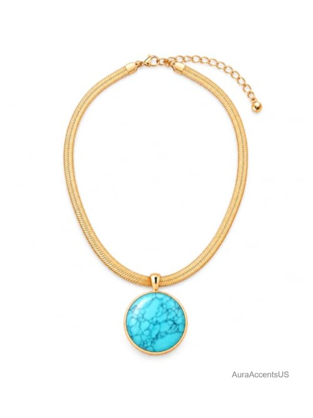 Genuine Turquoise Pendant Chunky Herringbone Necklace 17in
